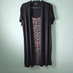 Black Open Front Cardigan with Attached Patterned Dress